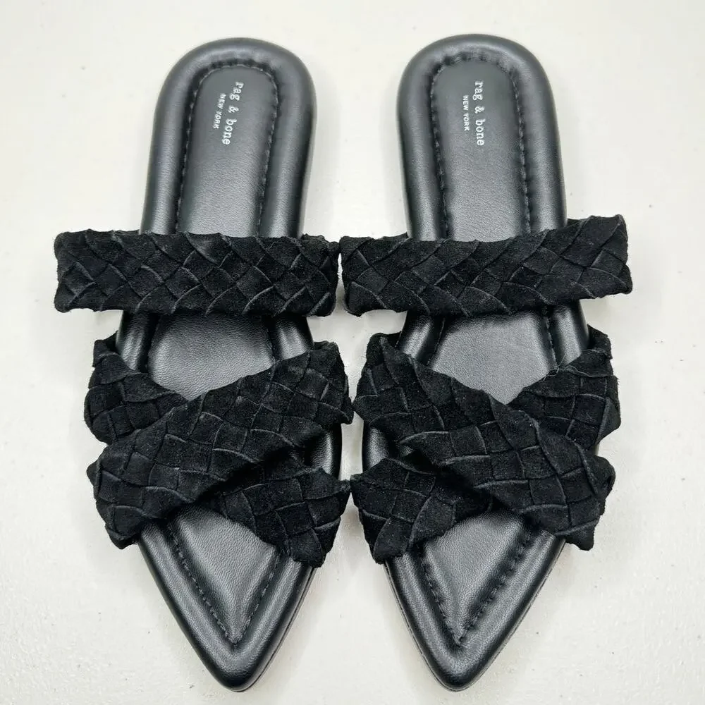 NEW RAG & BONE Lewis Black Braided Suede Pointed Open Toe Slide Slip On Sandal